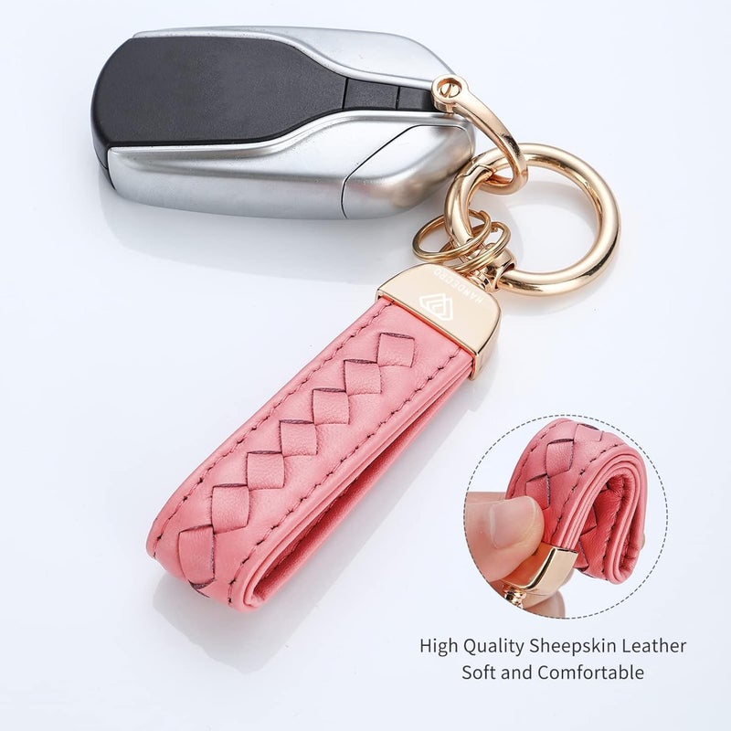 Hamdecro Store Genuine Leather Keychains, Handmade Knit Sheepskin Car Key chain for Women, Universal Key Fob Holder with 360 Degree Rotatable, Anti-Lost D-Ring, 2 Keyrings and 1 Screwdriver – Pink - Image 2